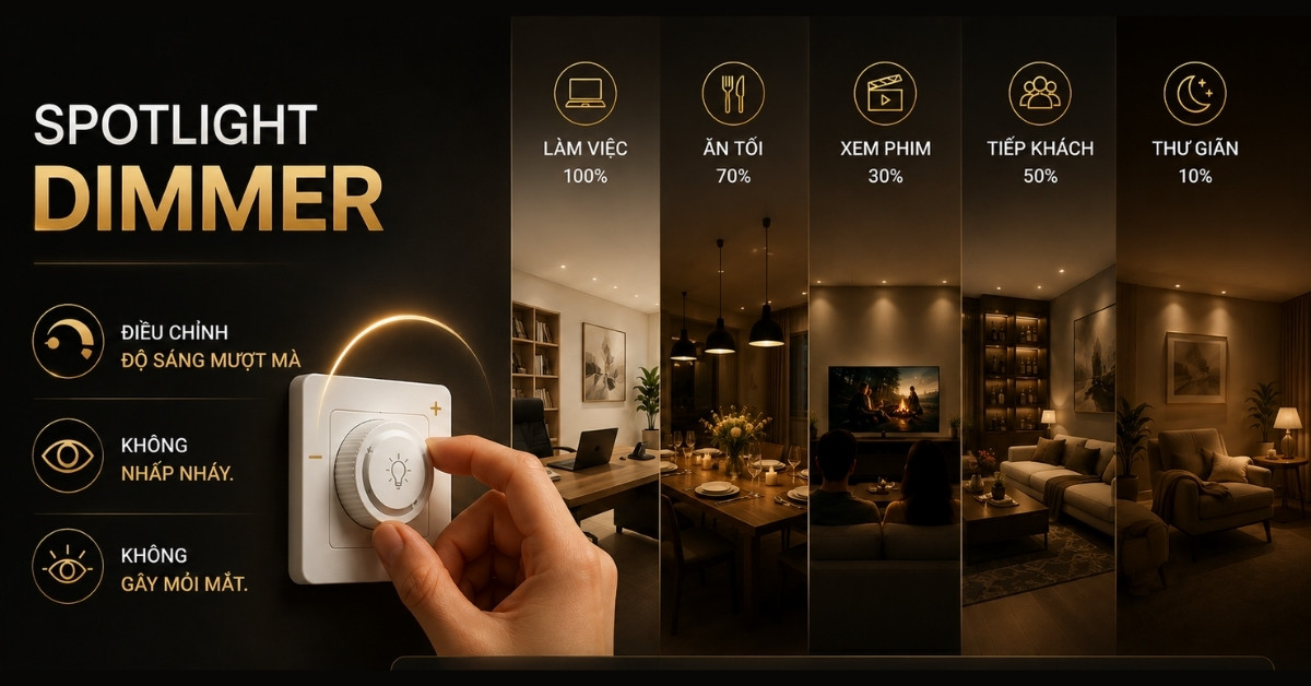 Công tắc dimmer đèn spotlight điều chỉnh độ sáng phòng khách cho làm việc, ăn tối, xem phim, tiếp khách, thư giãn